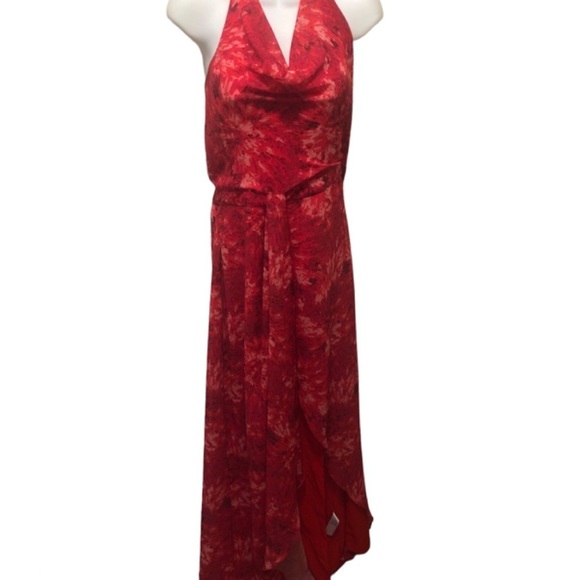 Halston Heritage Chiffon Halter Maxi Dress Sz. 16 Red Draped Neck Cockta… - Picture 2 of 12
